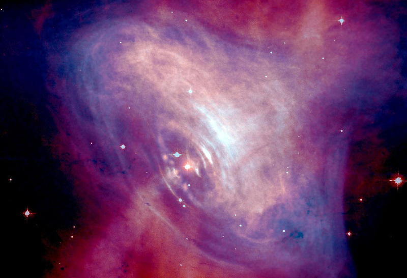 Púlsar de la nebulosa del cangrejo. Imagen combinada del Telescopio Hubble y el telescopio de rayos X Chandra.